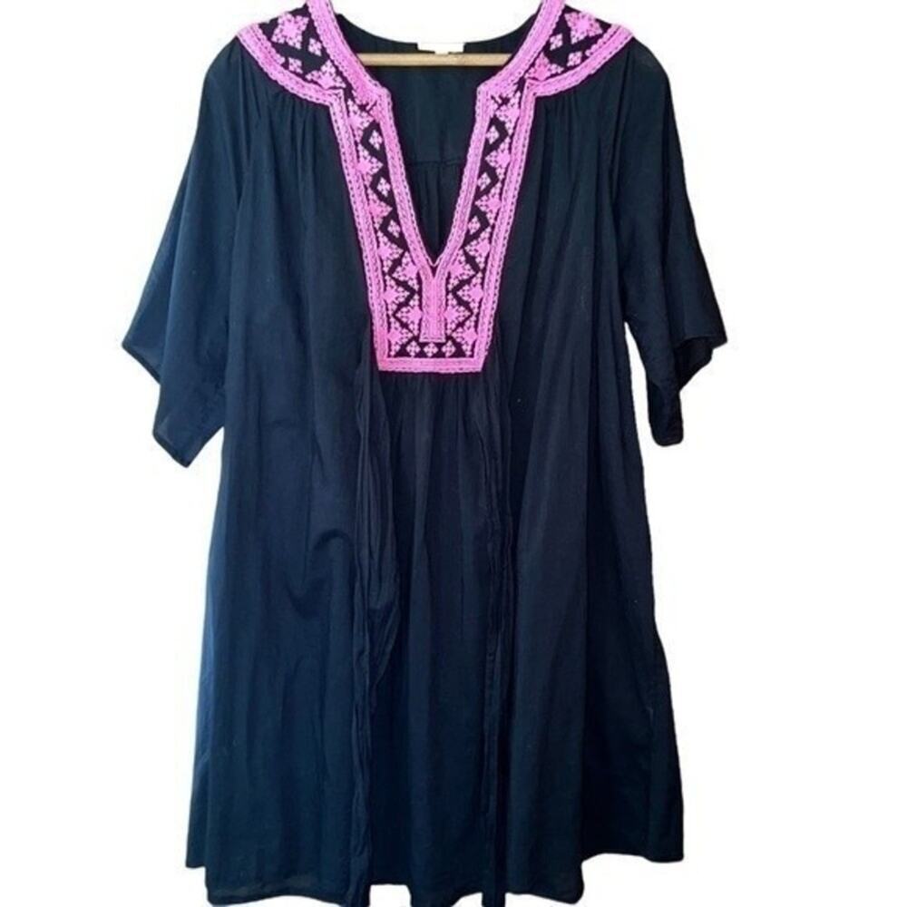 Shoshanna Black Pink Embroidered Crochet V-Neck Boho Swimsuit Beach Cover-Up SM